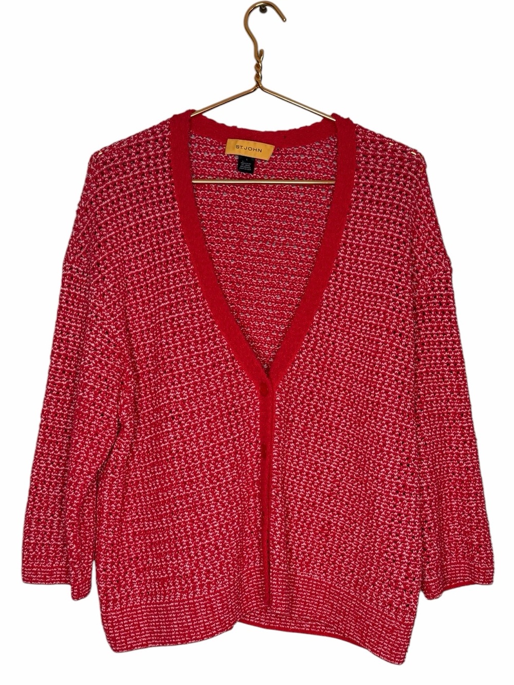 St. John Red Marled V-Neck Open Cardigan